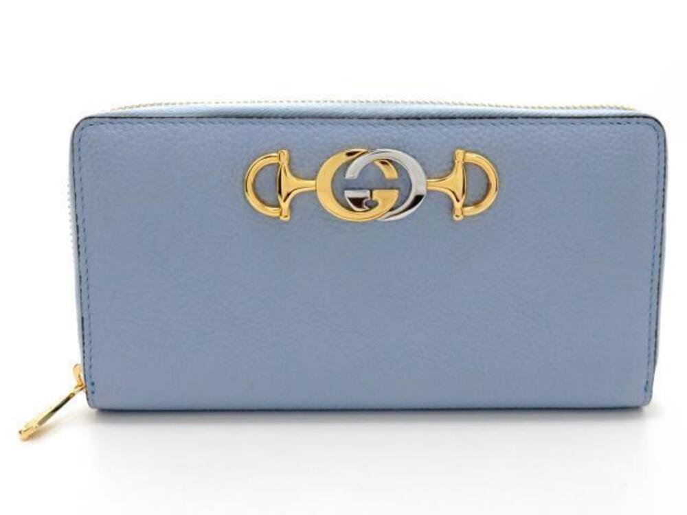 Gucci Zumi Round Long Wallet Leather Blue Gold